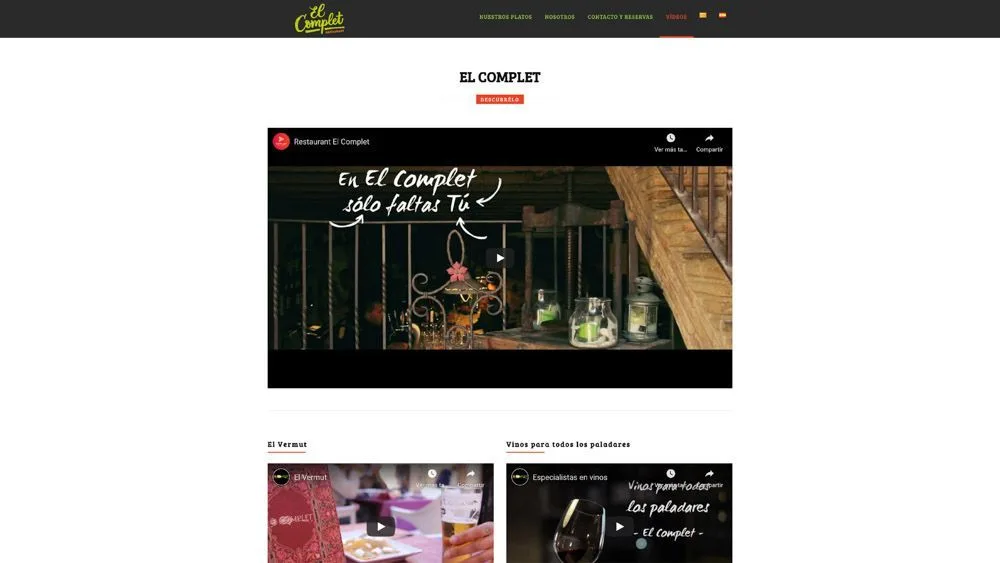 Página de la web de El Complet con un vídeo del restaurante