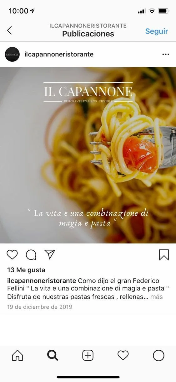 Publicación de Instagram de Il Capannone con un plato de pasta