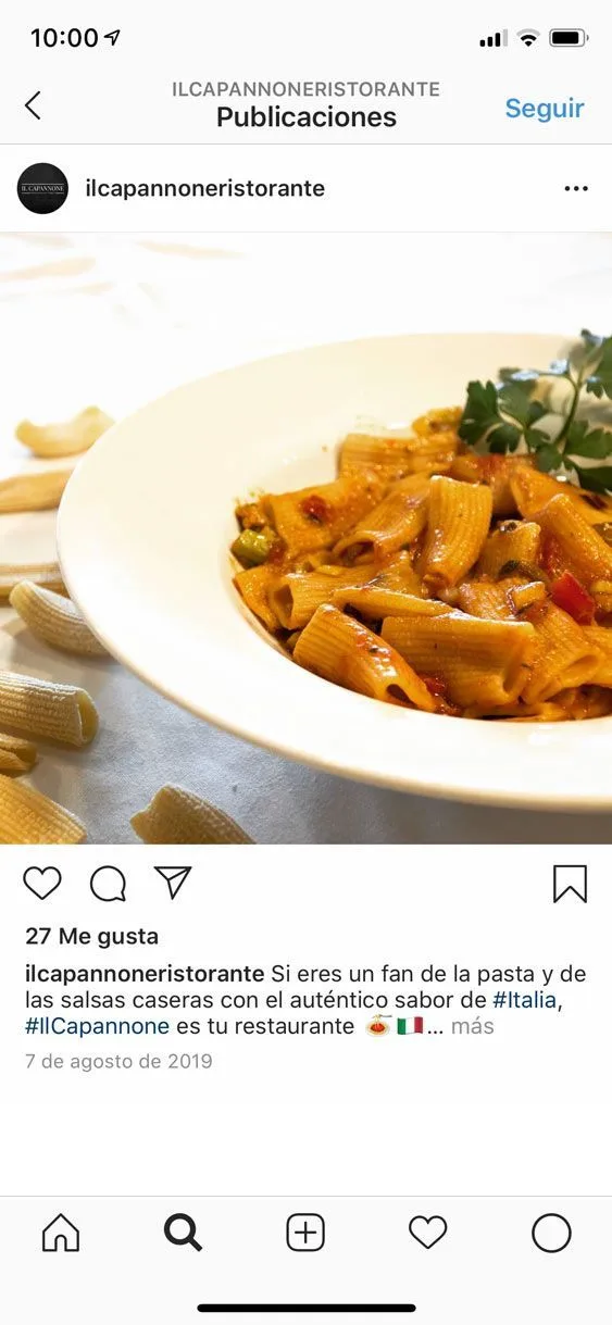 Publicación de Instagram de Il Capannone con un plato de pasta con salsa