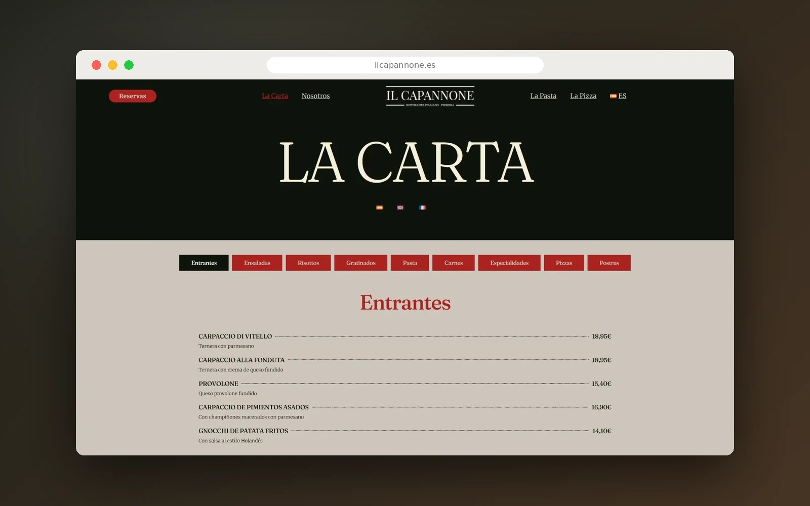 Carta en la web de Il Capannone