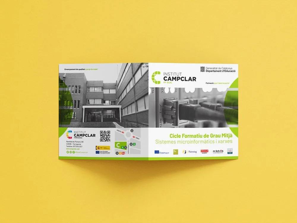 Díptico del Institut Campclar abierto, con fotografía del edificio
