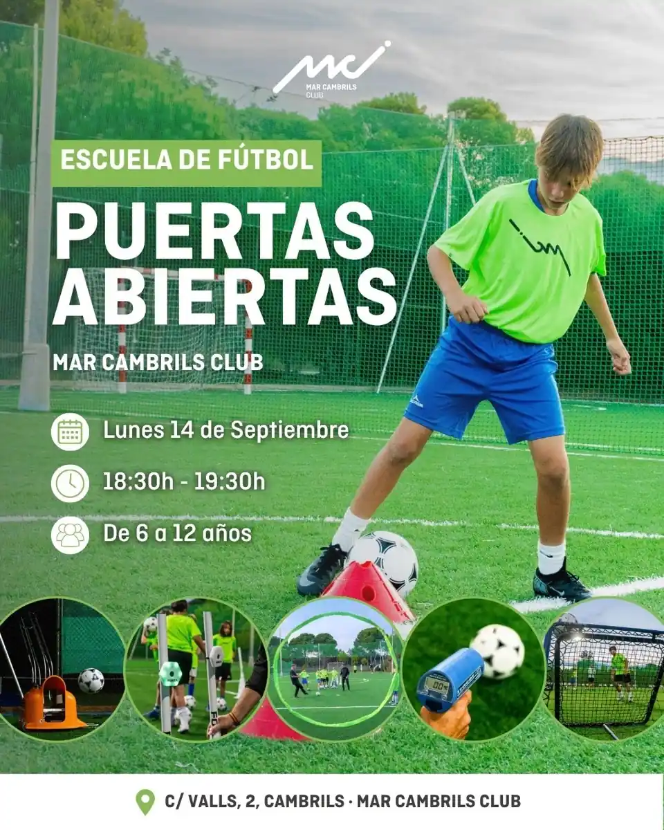 Cartel de puertas abiertas de la escuela de fútbol con un niño controlando el balón