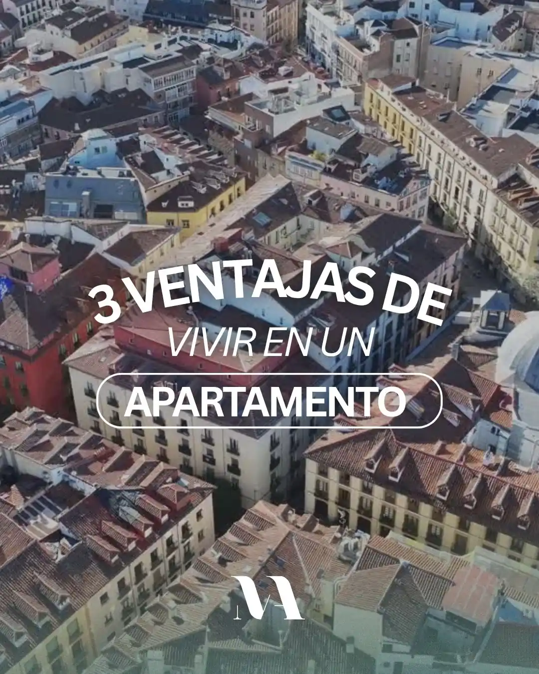 Carrusel «3 ventajas de vivir en un apartamento» sobre vista aérea de la ciudad