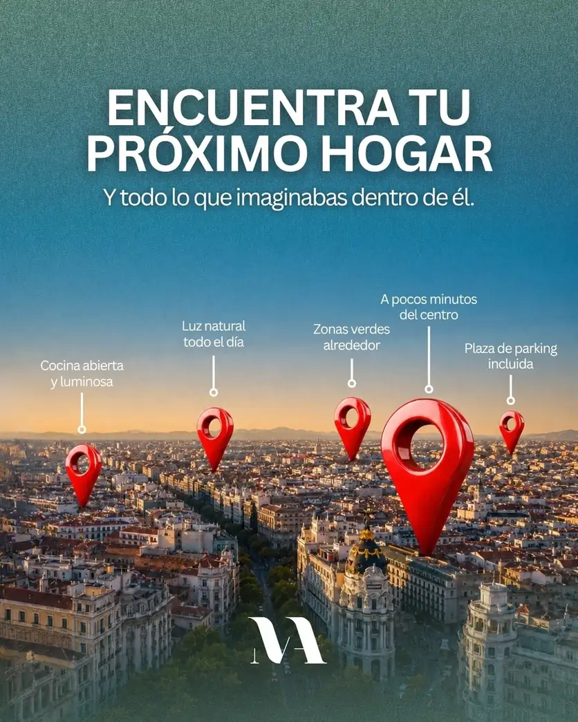 Publicación «Encuentra tu próximo hogar» con mapa de ventajas sobre la ciudad