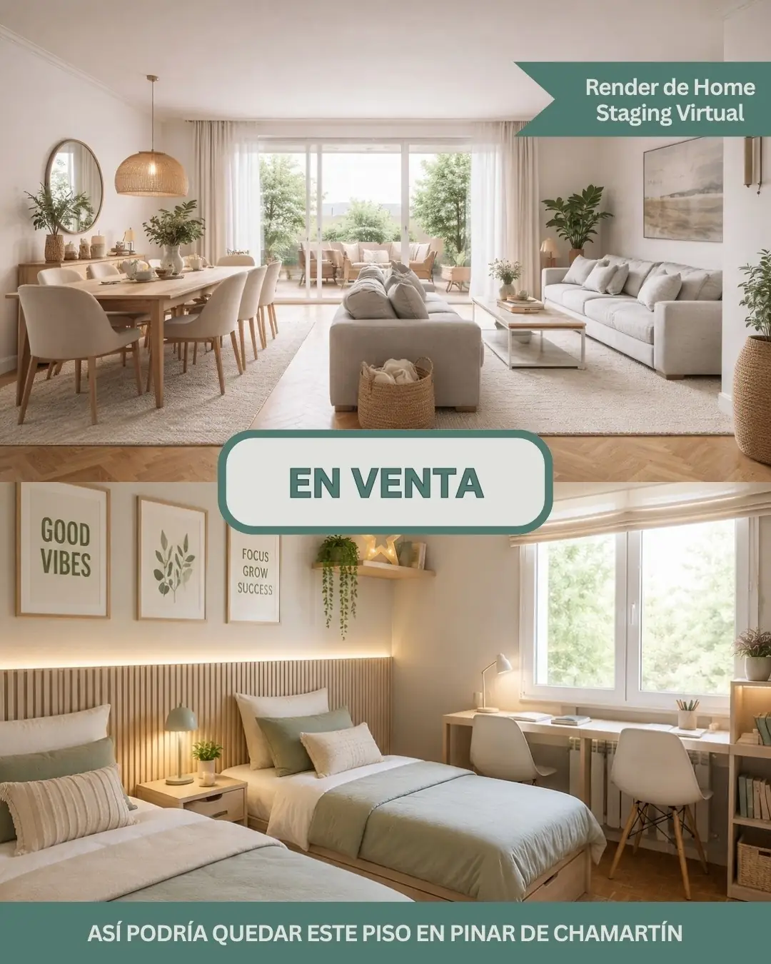 Publicación de vivienda en venta en Madrid con render de home staging virtual