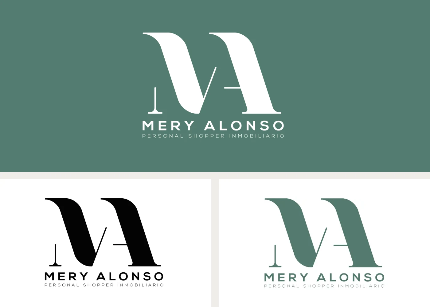 Logotipo de Mery Alonso en sus versiones blanca sobre verde, negra y verde corporativo