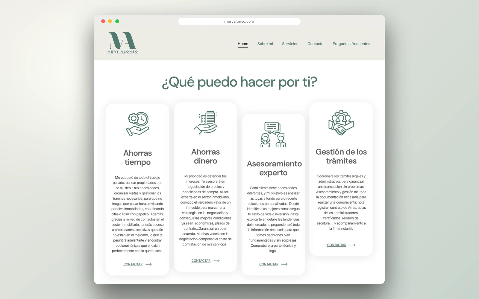 Sección de servicios de la web de Mery Alonso: ahorro de tiempo, ahorro de dinero, asesoramiento y trámites