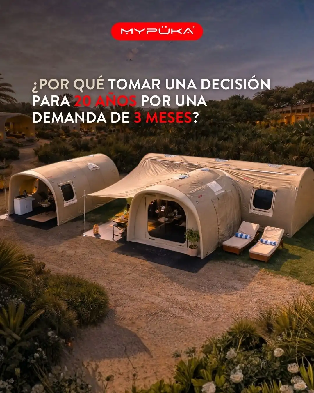Publicación «¿Por qué tomar una decisión para 20 años por una demanda de 3 meses?» con dos unidades Mypüka al atardecer