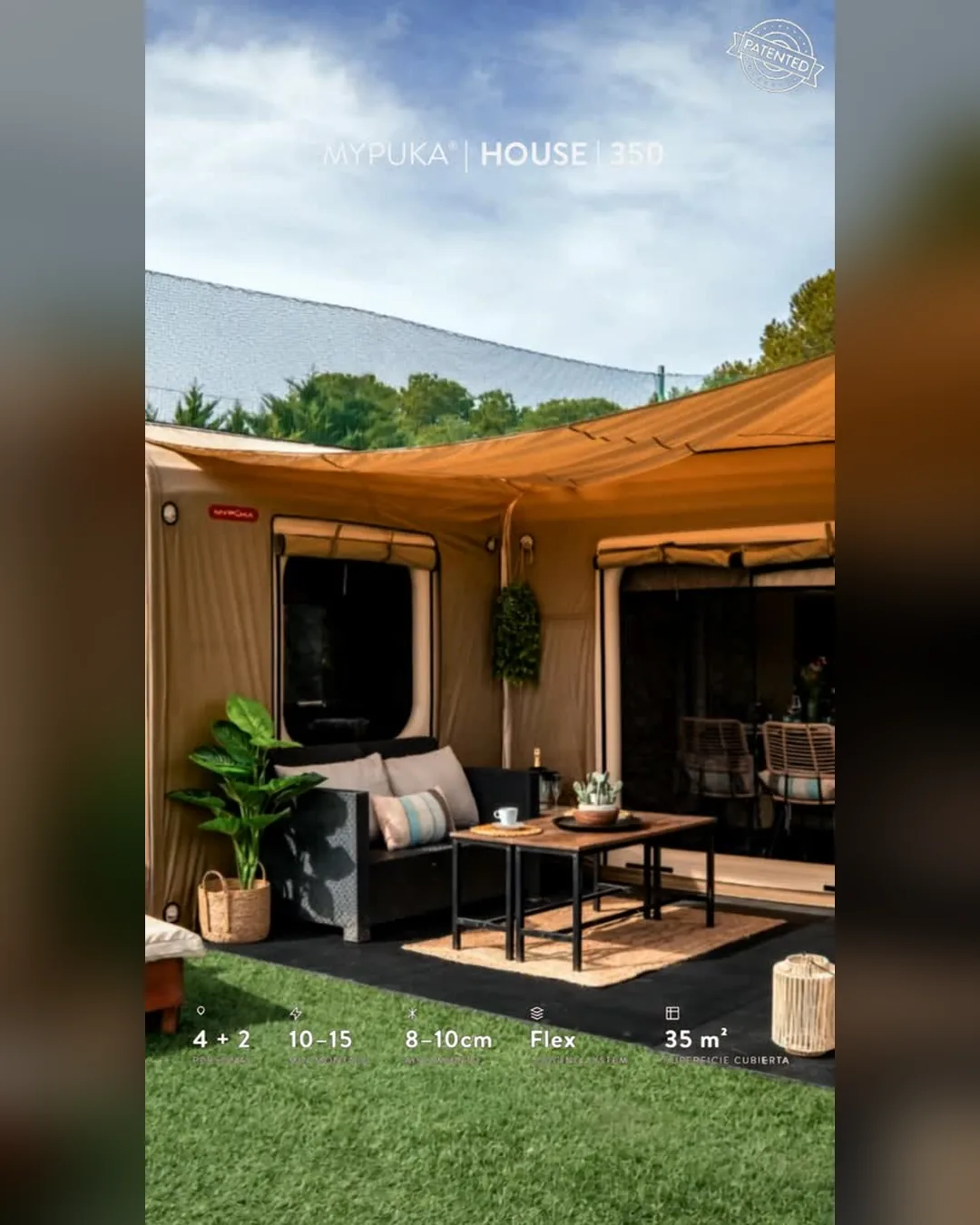 Portada del reel de Mypüka House 350 con terraza, sofá y mesa bajo el toldo