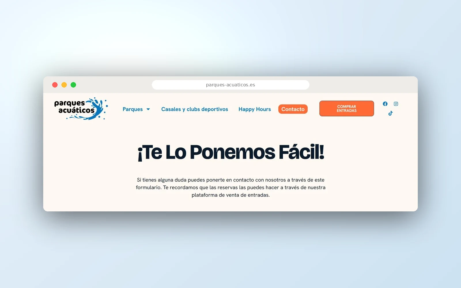 Página de contacto de la web de Parques Acuáticos