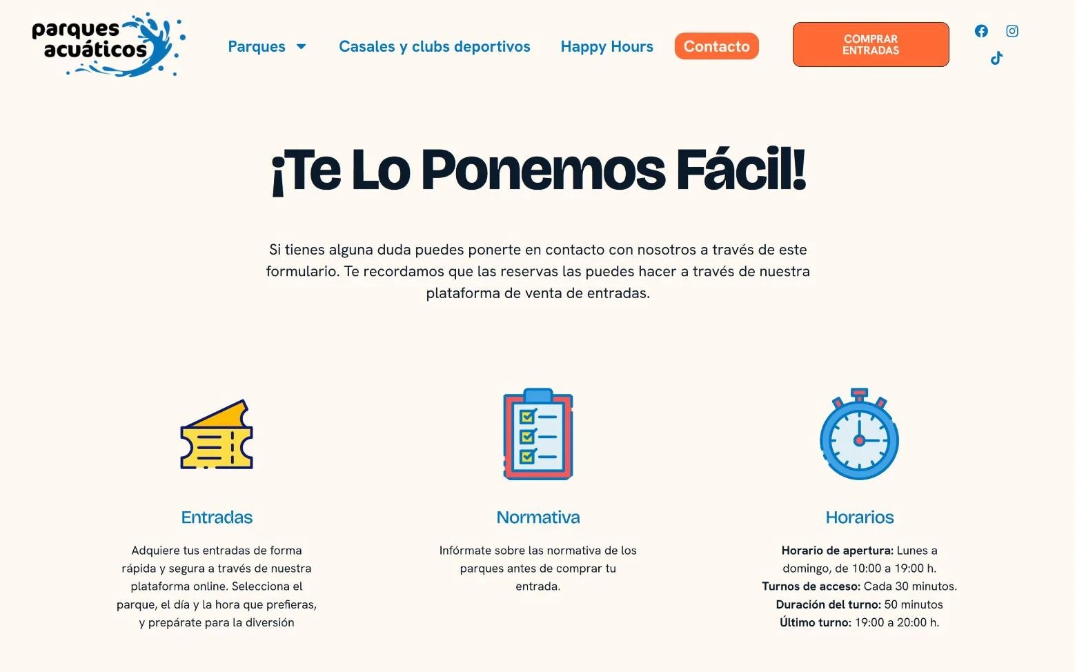 Página de contacto y reservas de Parques Acuáticos