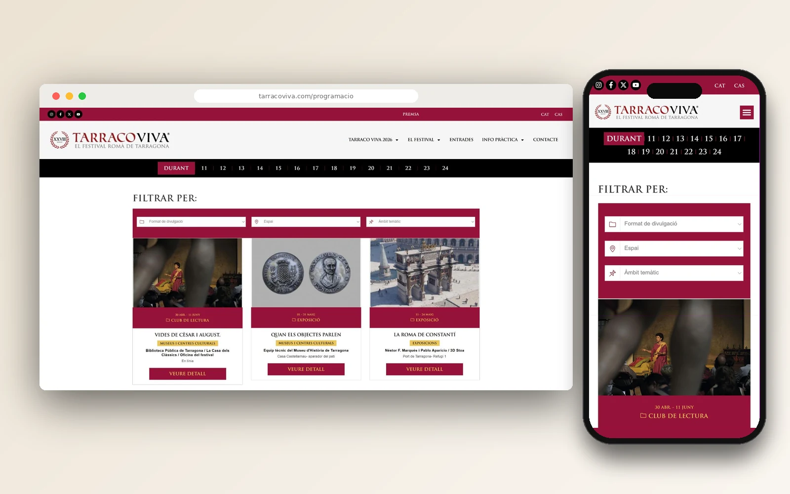Agenda de actividades de la web de Tarraco Viva en ordenador y móvil