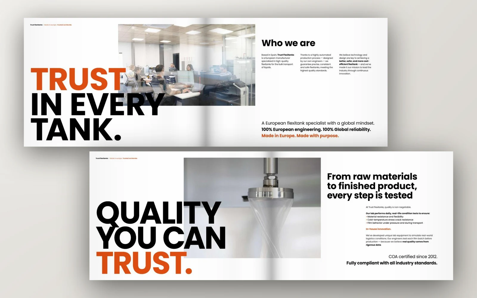 Páginas interiores del catálogo de producto de Trust Flexitanks