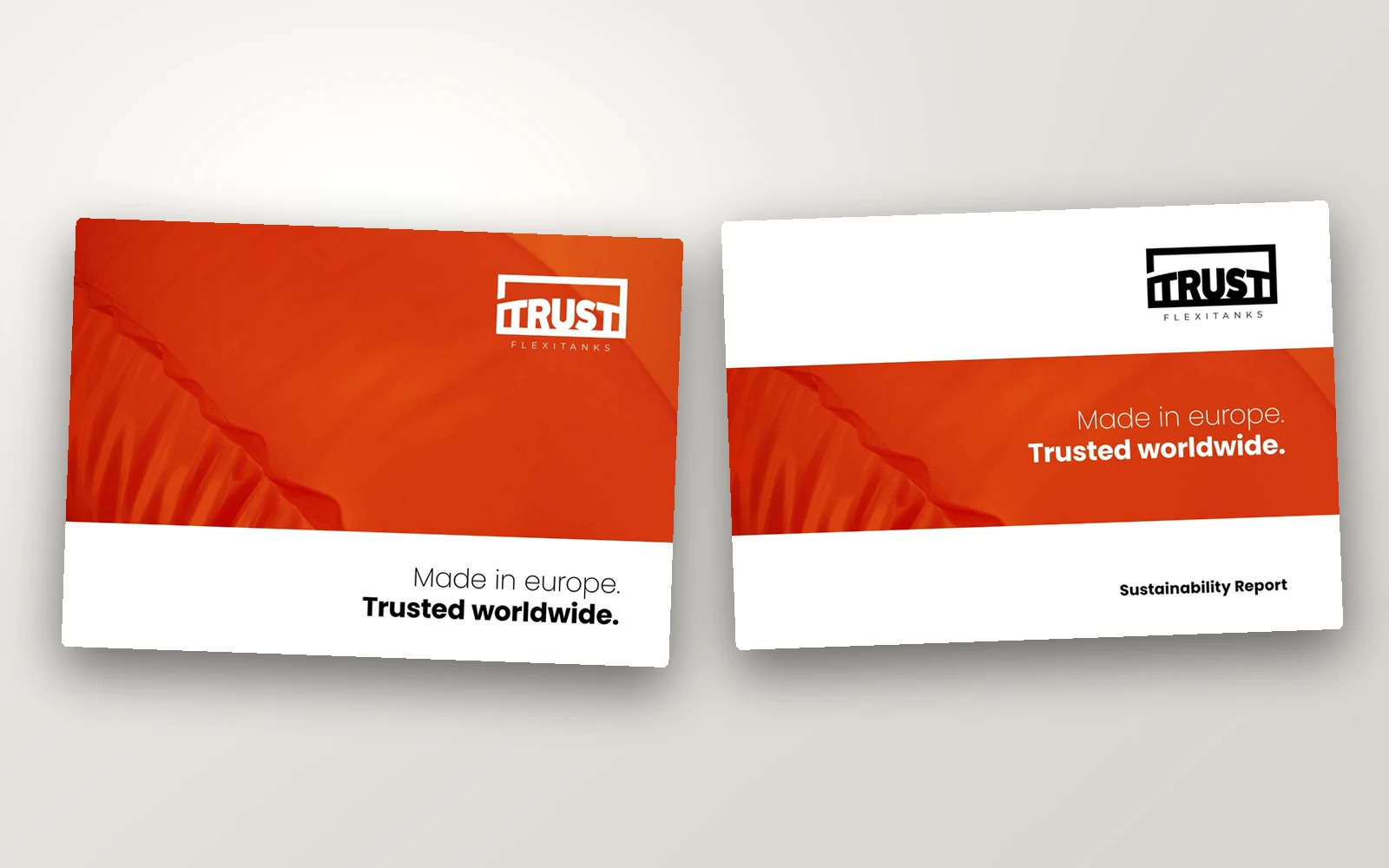 Portadas del catálogo de producto y del informe de sostenibilidad de Trust Flexitanks